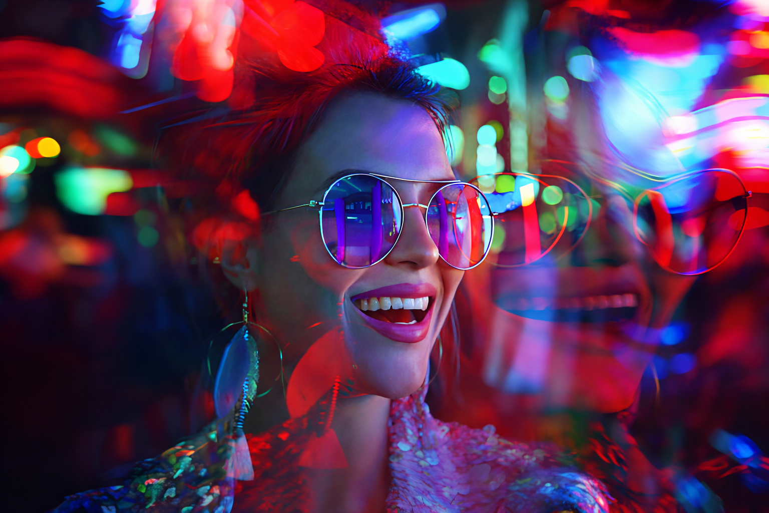 Woman smiling in vibrant neon lights