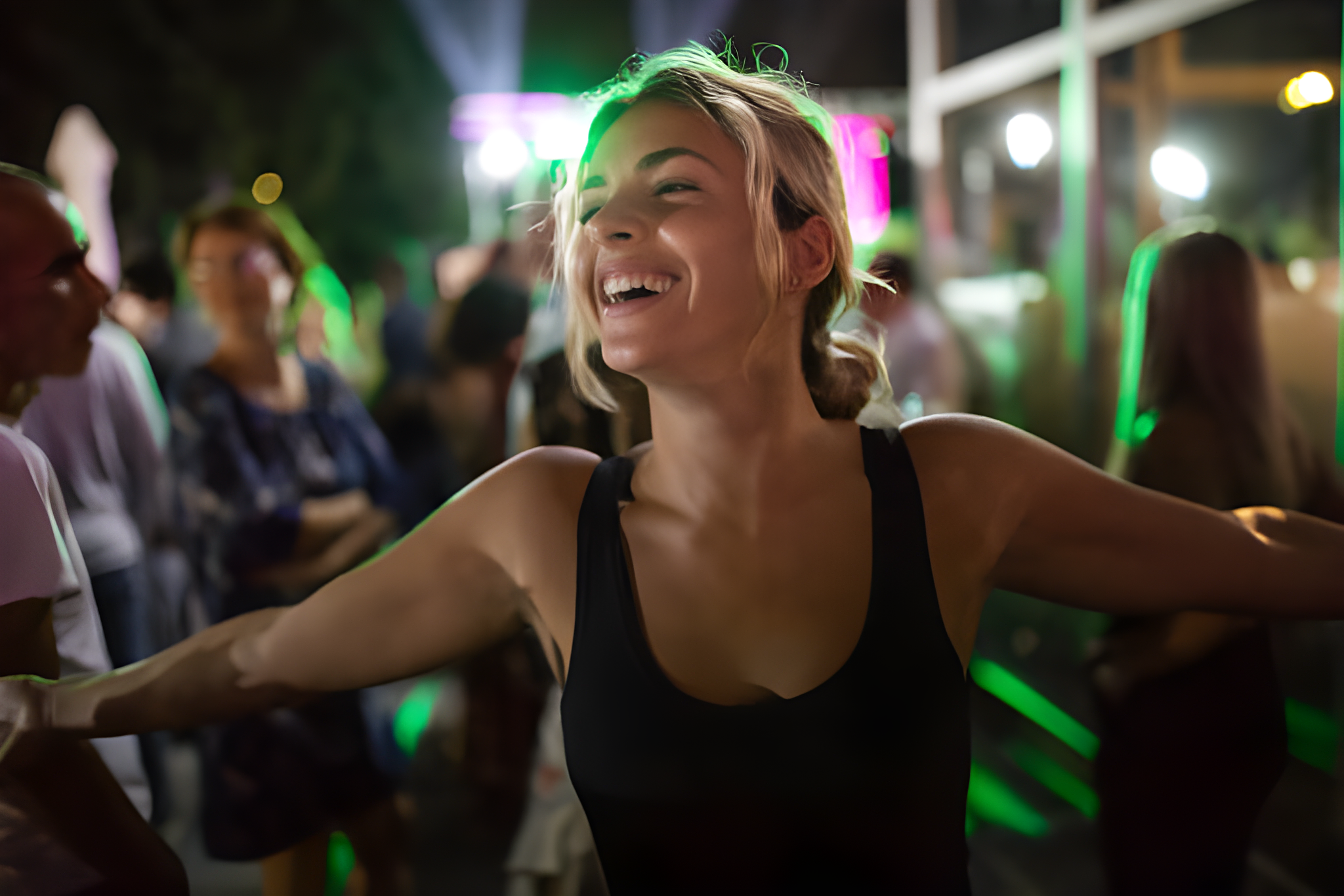 Woman dancing joyfully at a nighttime event with green lights